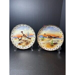 Vintage Arkansas Roadrunner 8.25" Souvenir Plates Pair Cut-Out Gold Trim